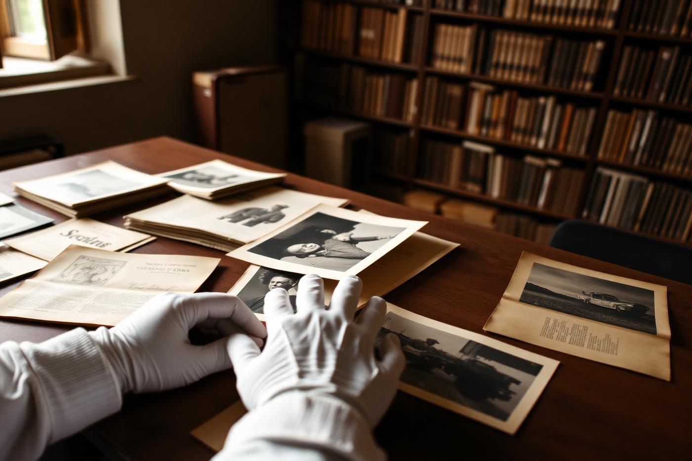 Gloved hands handling historic documents and photographs in an archive reading room