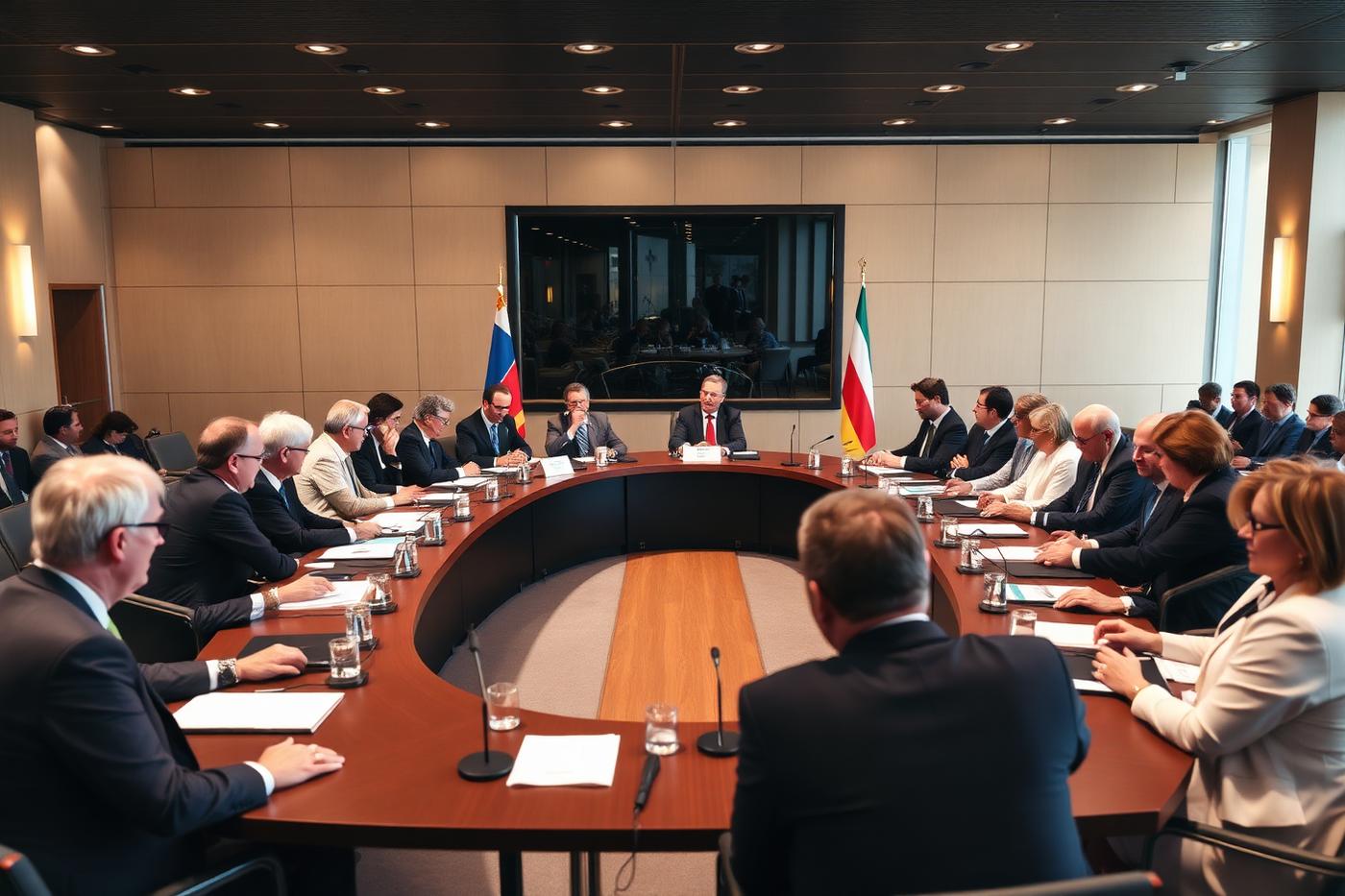 Delegates seated around a roundtable at a European conference hall